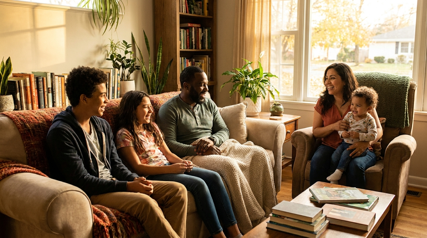 Blended family in Houston living room — estate planning protects all family members