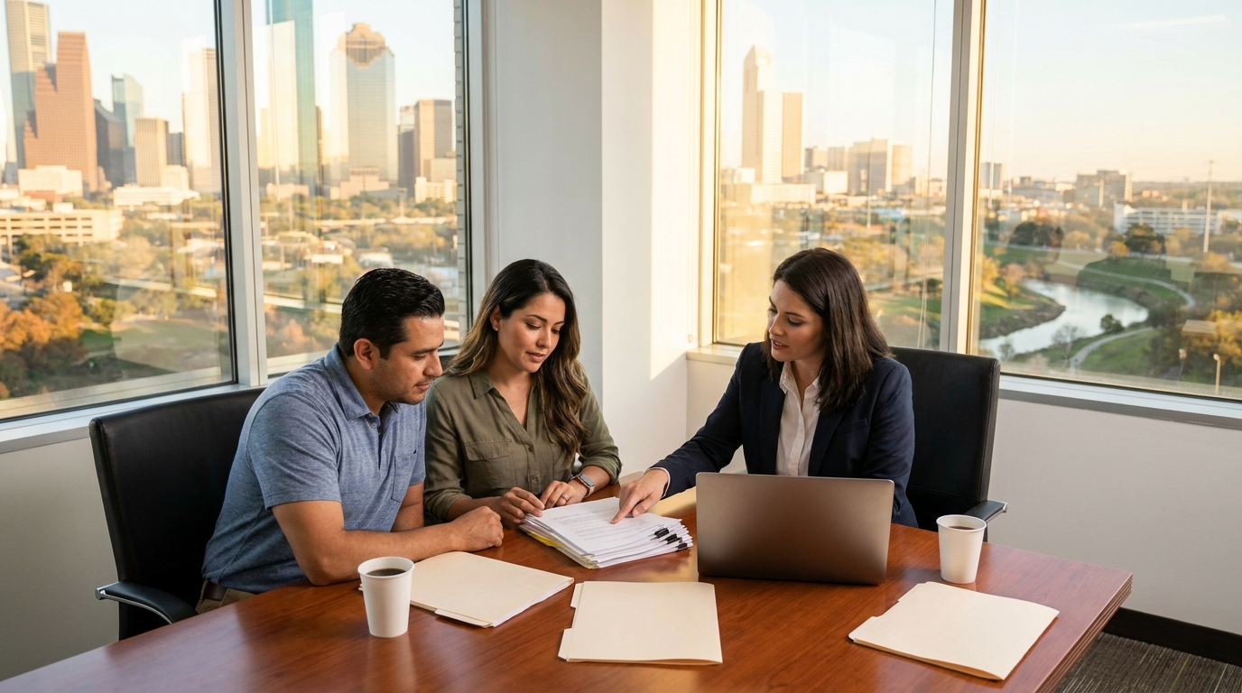 Attorney meeting with Hispanic couple to review estate planning documents in Houston
