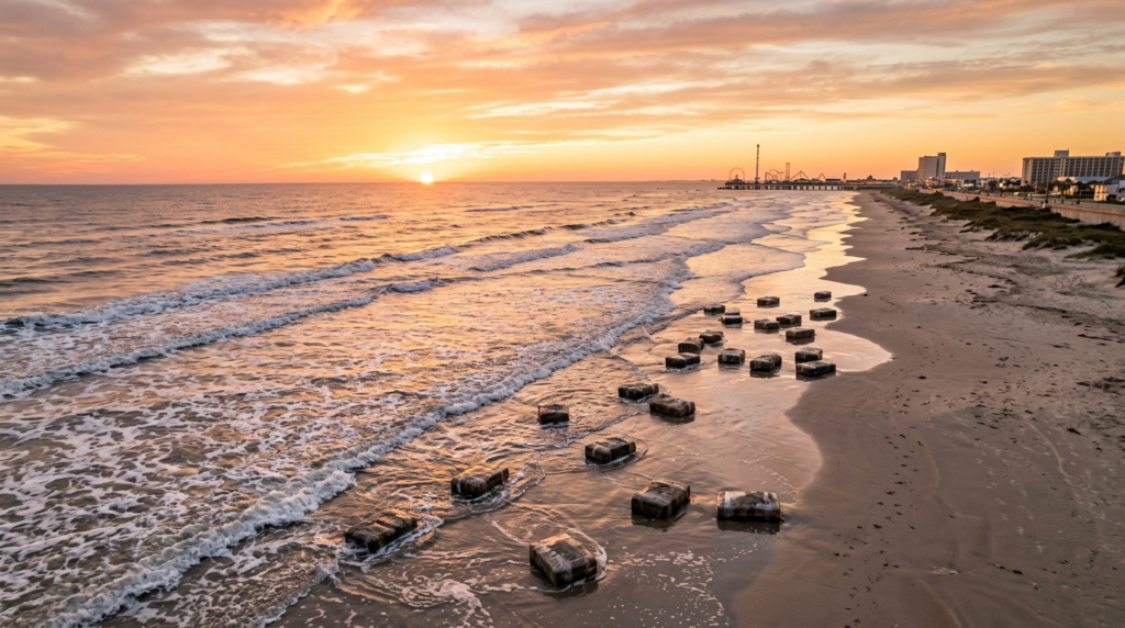 Galveston Beach Texas at golden hour with suspicious packages washed ashore — Texas Legal Giants
