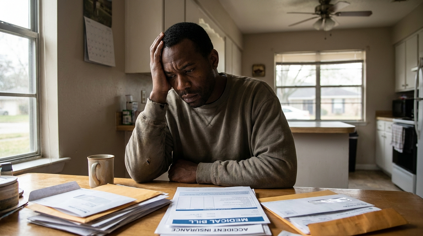 Accident victim overwhelmed by medical bills and insurance paperwork at home in Houston Texas