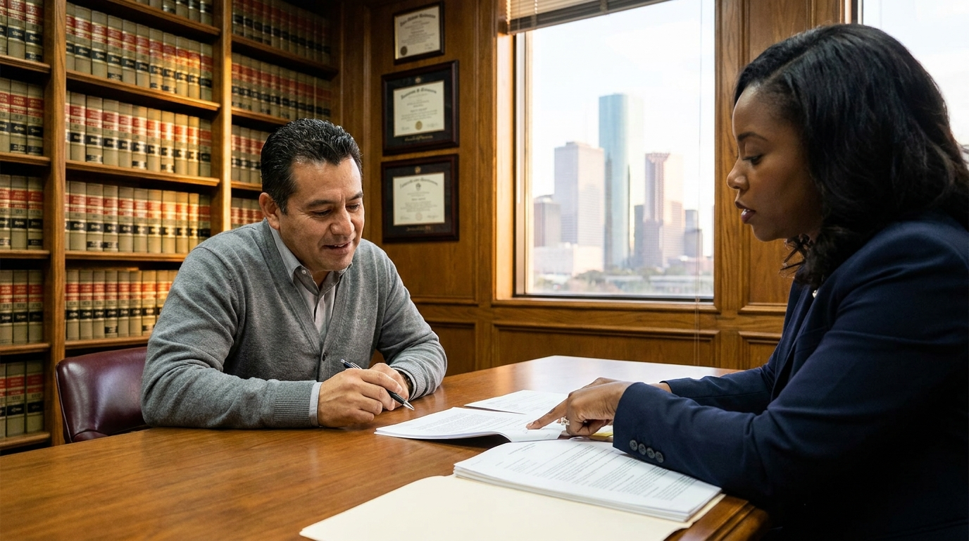 Houston personal injury attorney reviewing car accident settlement with client — Texas Legal Giants