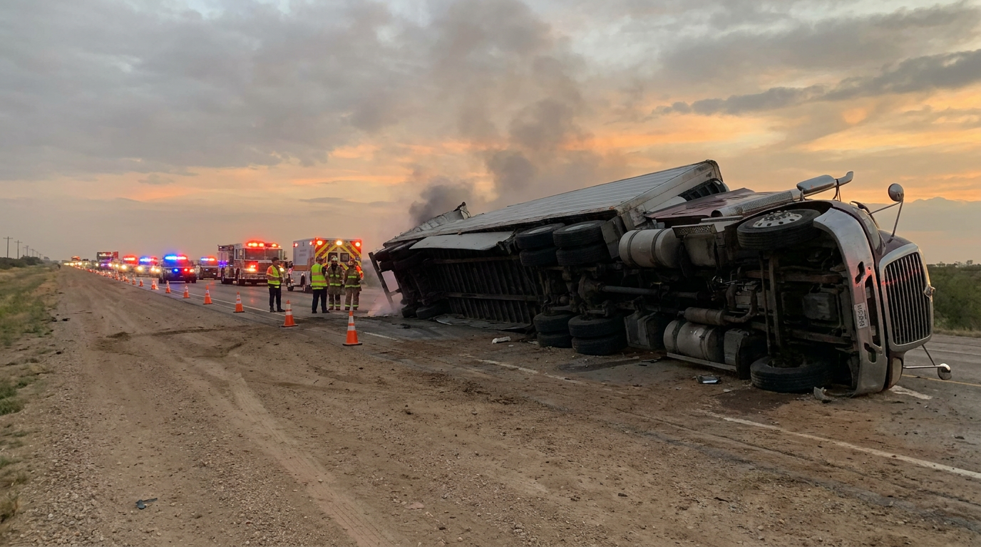 Truck accident scene on Texas highway with emergency response