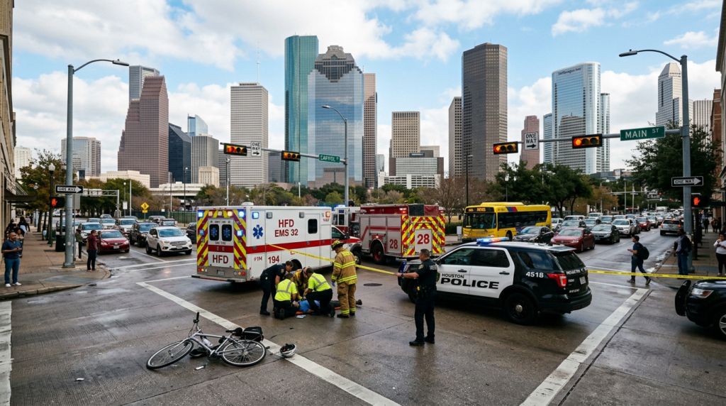 Houston street intersection after bicycle accident with emergency responders on scene