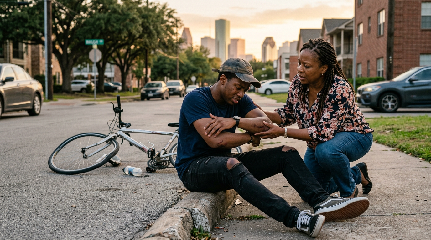 Bicycle Accident in Texas: Rights, Deadlines, and What Your Claim Is Worth Young Black man injured in Houston bicycle accident receiving help from bystander
