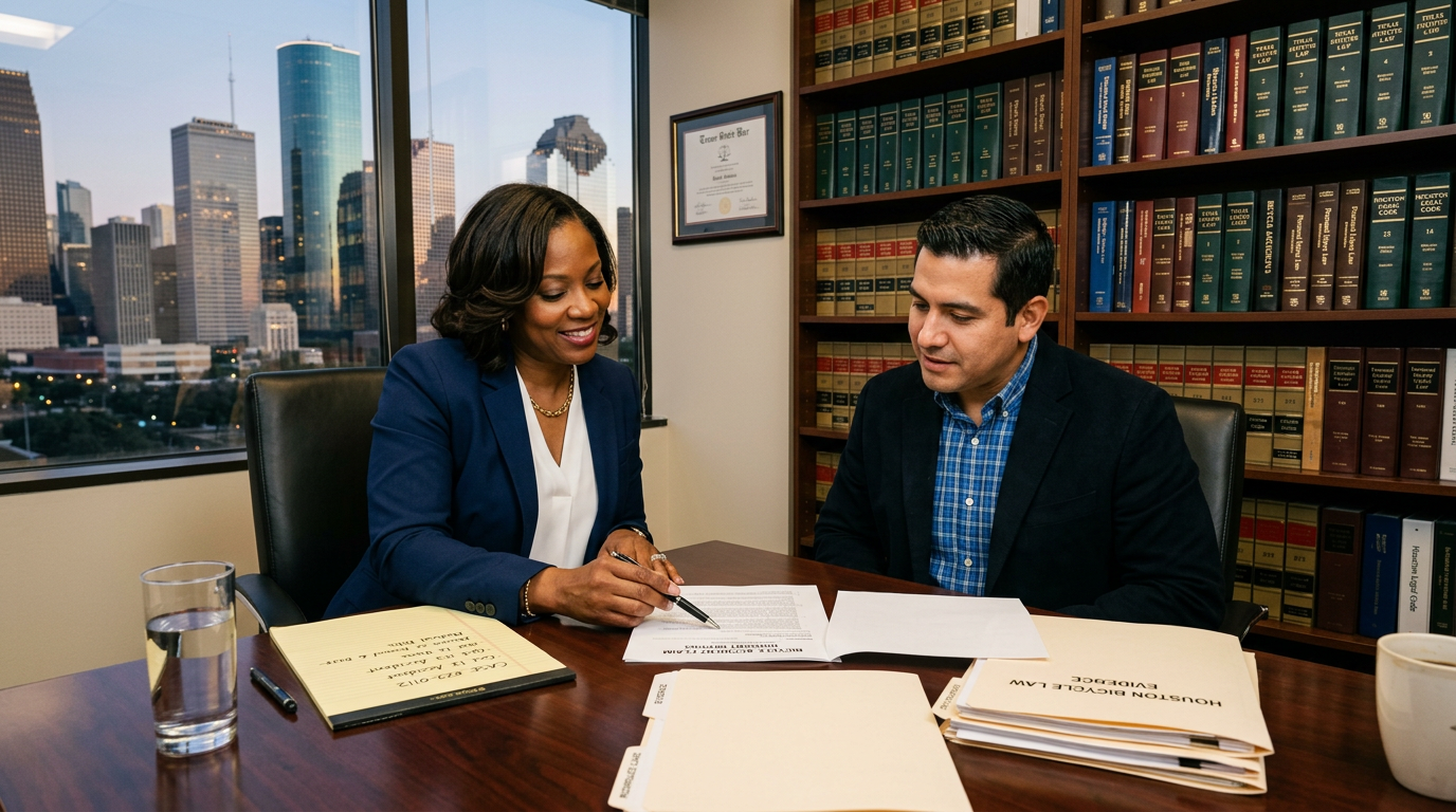 Bicycle Accident in Texas: Rights, Deadlines, and What Your Claim Is Worth Houston attorney meeting with Hispanic bicycle accident victim to review personal injury claim