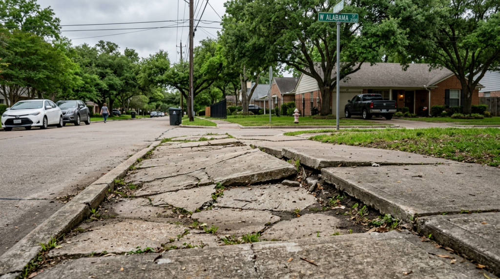 Cracked uneven sidewalk in Houston Texas neighborhood creating a trip hazard