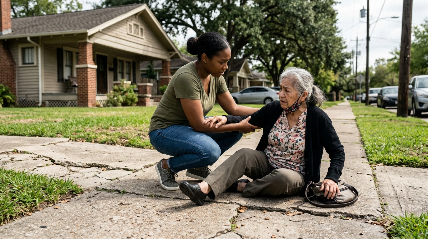 Black woman helping elderly Hispanic woman after sidewalk fall in Houston Texas