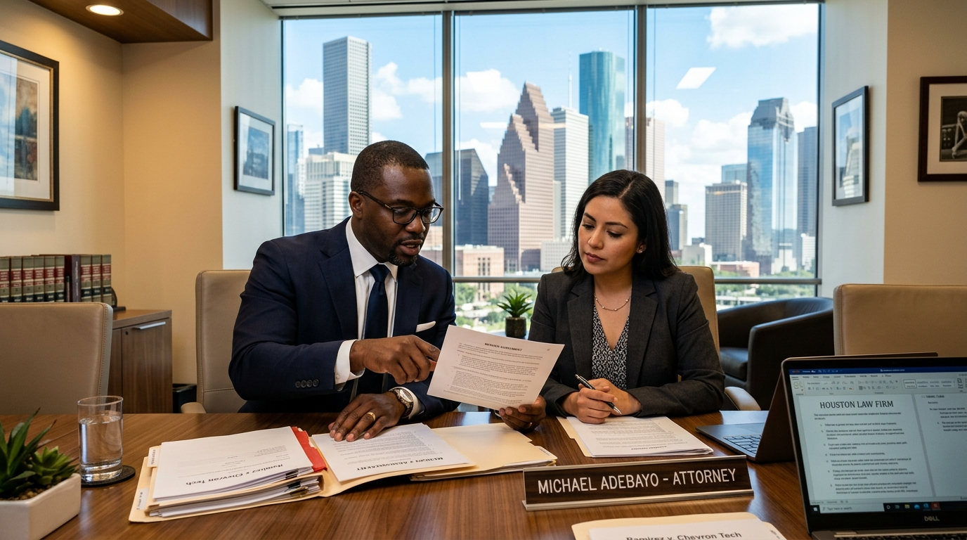 Houston personal injury attorney reviewing city premises liability documents with client