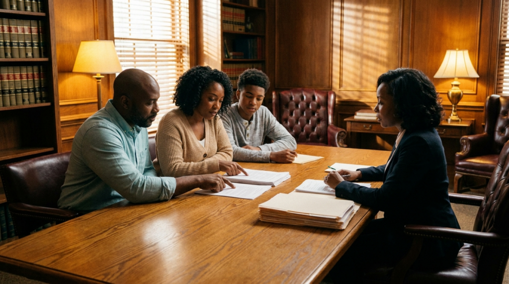 Black family reviewing car accident damages with attorney