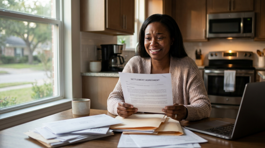 Black Houston woman reading car accident settlement documents at home — Texas Legal Giants