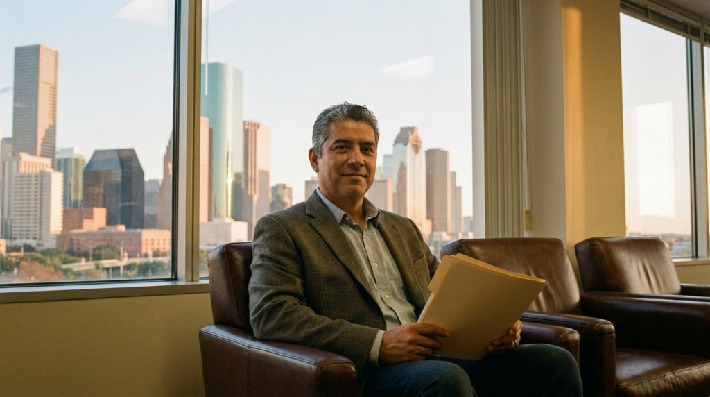 Hispanic man waiting for car accident settlement at Houston law office