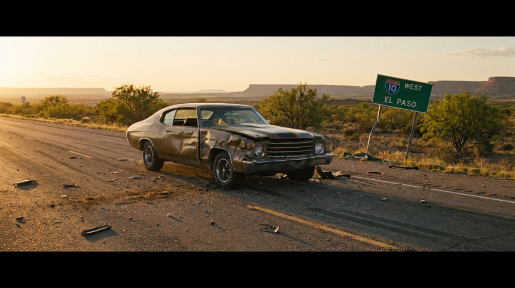 Car accident damage on Texas highway