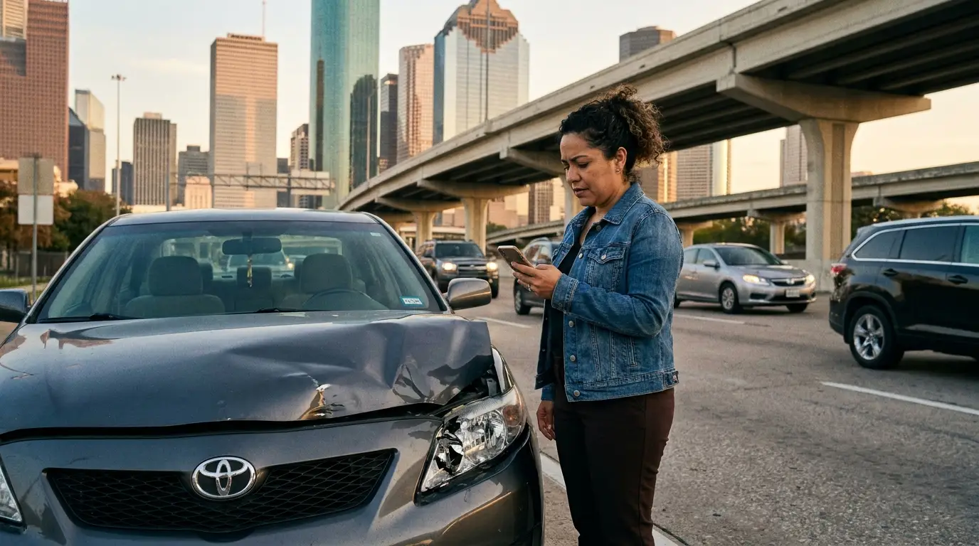 Houston car accident victim calling attorney after crash on Houston street