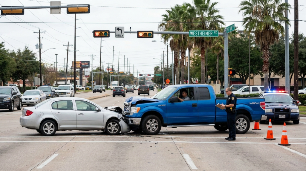 Two damaged cars at Houston intersection with police officer