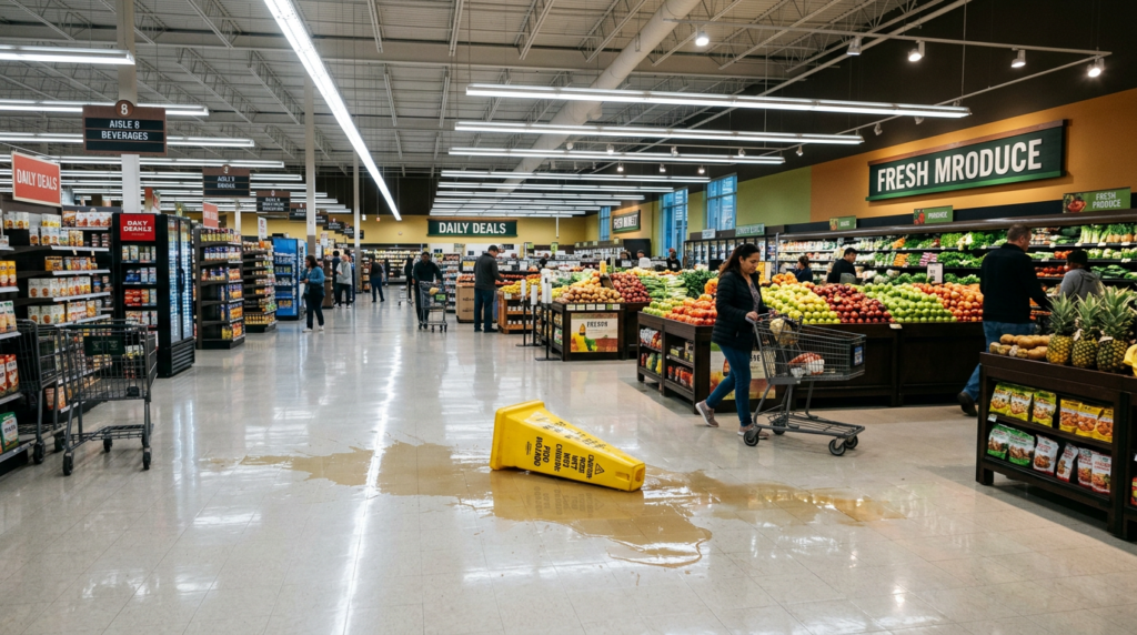 Wet floor with knocked-over caution sign in a Texas grocery store — a premises liability hazard
