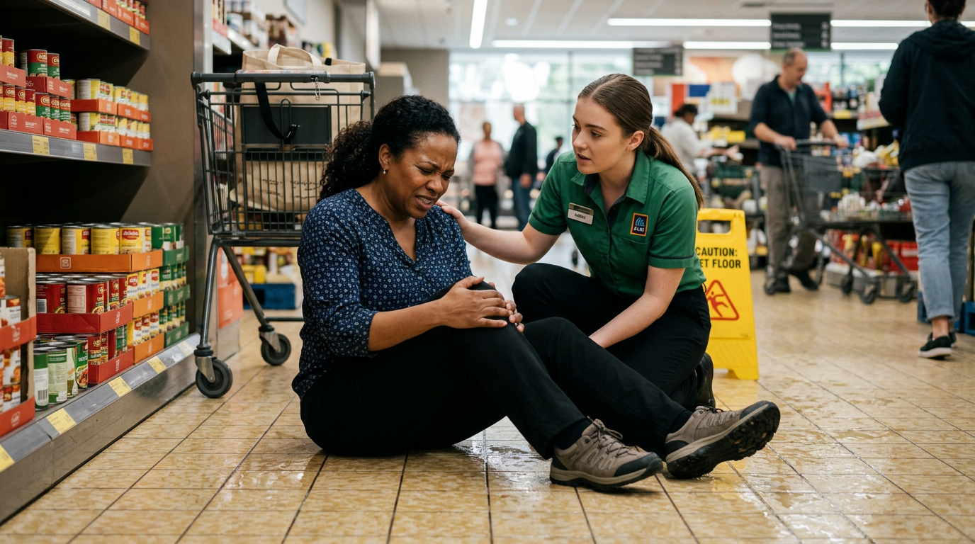 What Is Constructive Notice in a Texas Premises Liability Case? Black woman injured in a slip and fall accident on a store floor in Texas