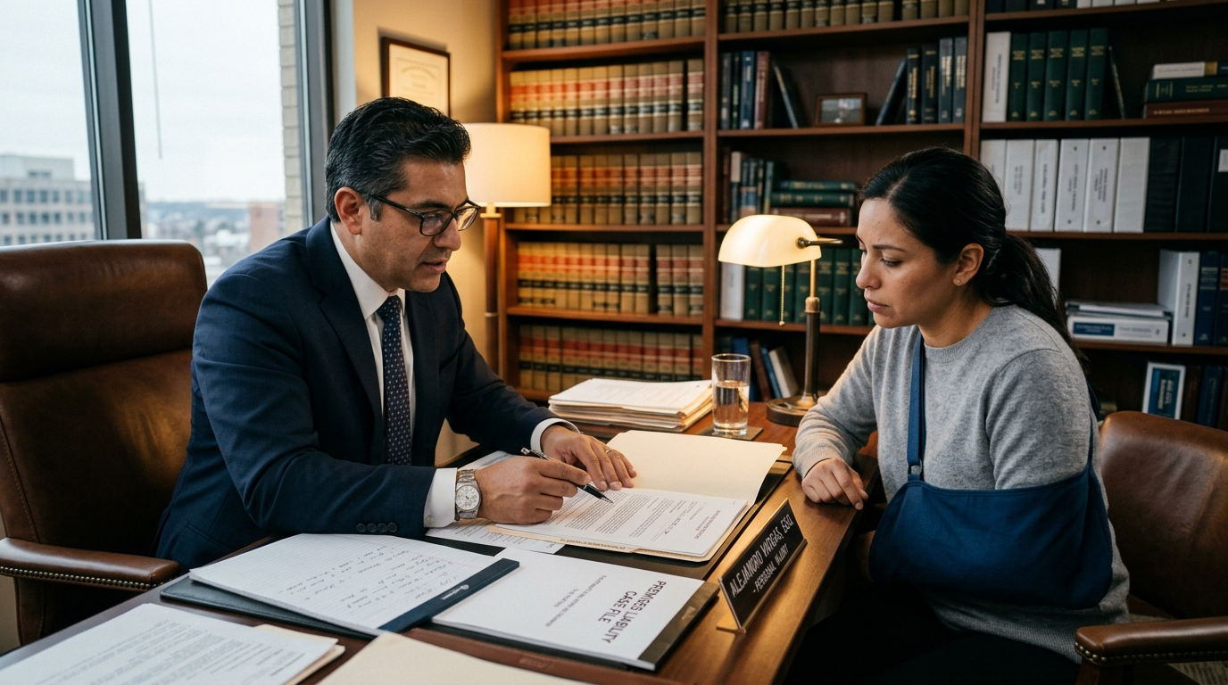 What Is Constructive Notice in a Texas Premises Liability Case? Attorney reviewing premises liability case documents with injured client in Houston Texas