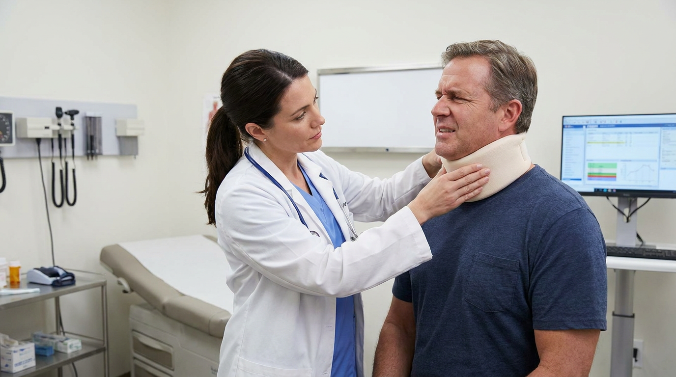 Doctor examining whiplash injury after minor car accident Texas