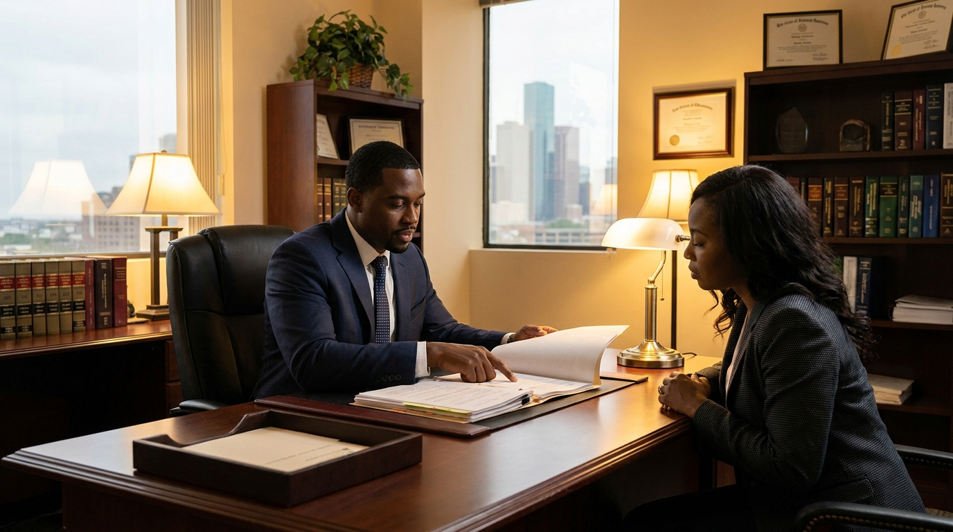Attorney consulting with client after drunk driver accident at Texas Legal Giants Houston