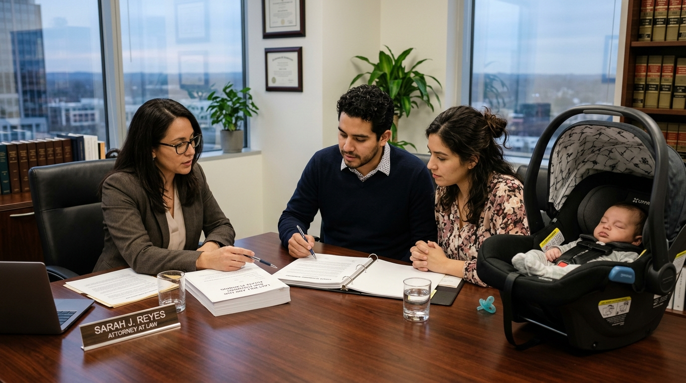 Young Hispanic parents reviewing estate planning documents with attorney, infant nearby — Texas Legal Giants