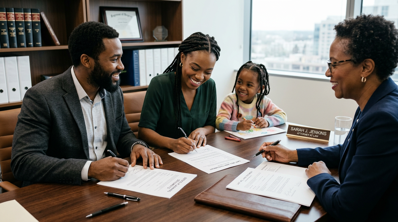 Young Black family signing estate planning documents at attorney's office — Texas Legal Giants