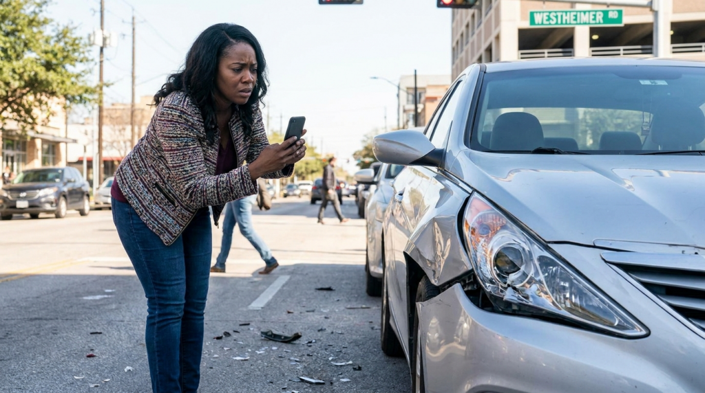 Woman photographing car damage after hit and run Houston