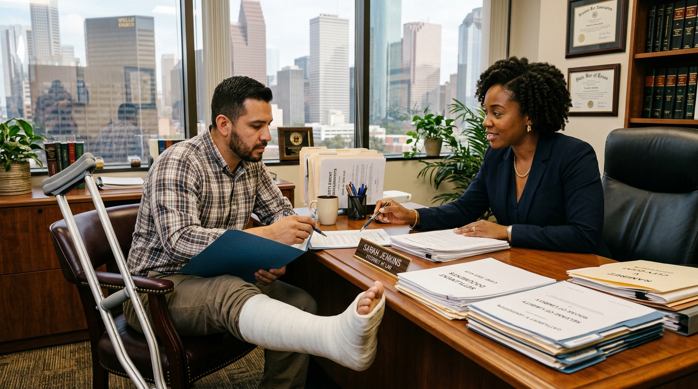 How Long Do Slip and Fall Settlements Take in Texas? Hispanic man with leg cast reviewing slip and fall settlement documents with Houston attorney