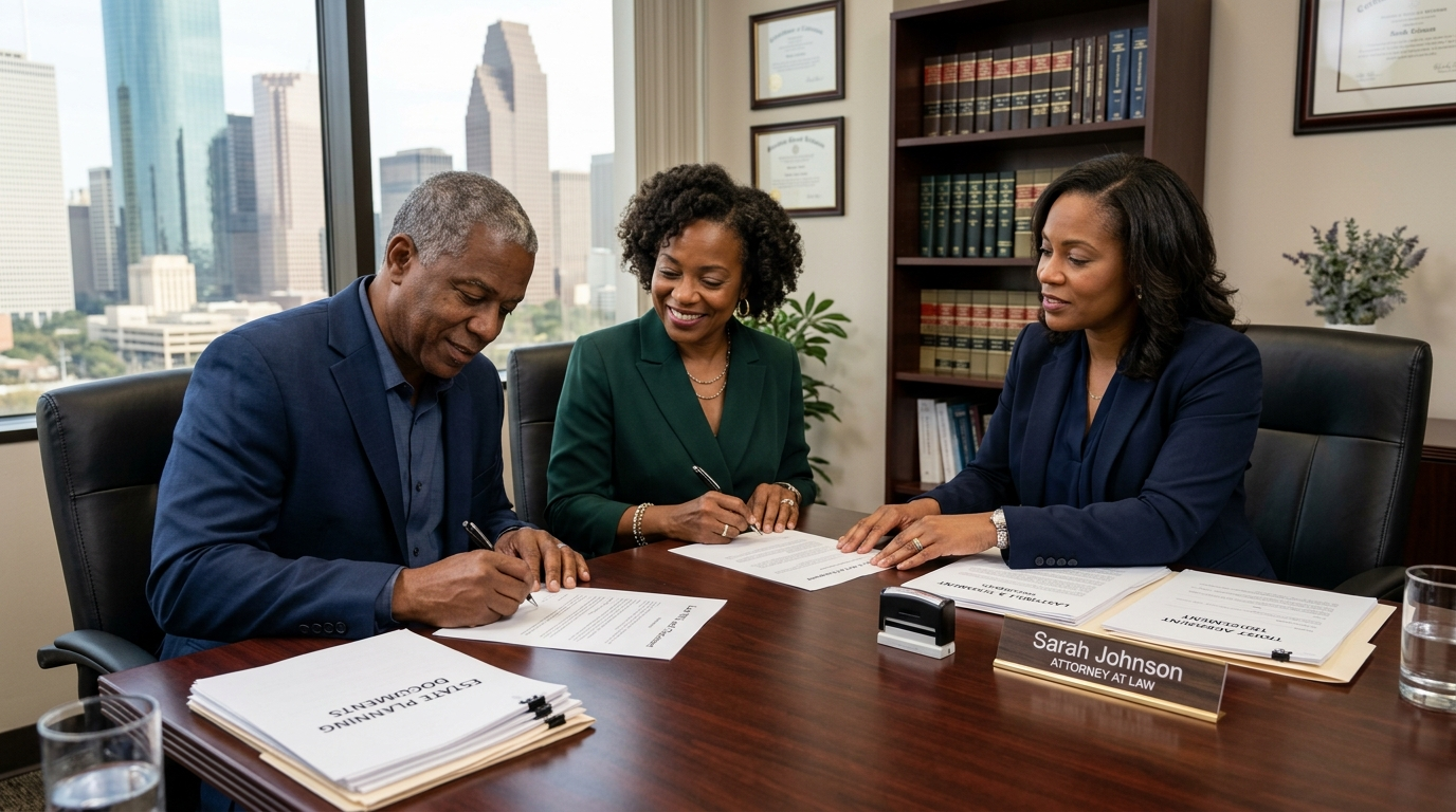How to Make a Will in Texas: What the Law Requires and Why It Matters Black couple signing will and estate planning documents with attorney in Houston law office — Texas Legal Giants