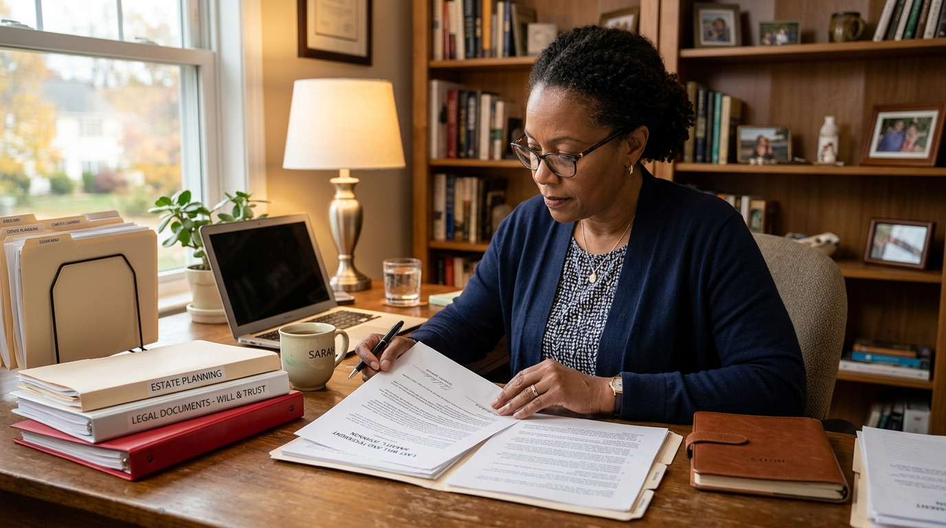 How to Make a Will in Texas: What the Law Requires and Why It Matters Black woman reviewing her will and estate planning documents at home — Texas Legal Giants