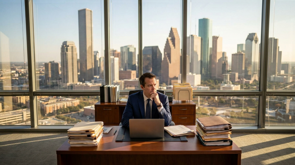 Insurance adjuster reviewing personal injury claim files at Houston Texas corporate office