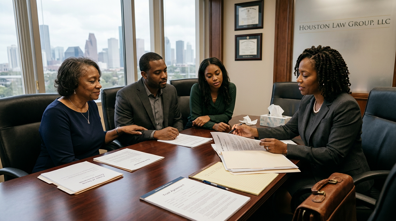 Living Trust vs. Will in Texas: Which One Does Your Family Actually Need? Black family reviewing living trust and estate planning documents together at home — Texas Legal Giants