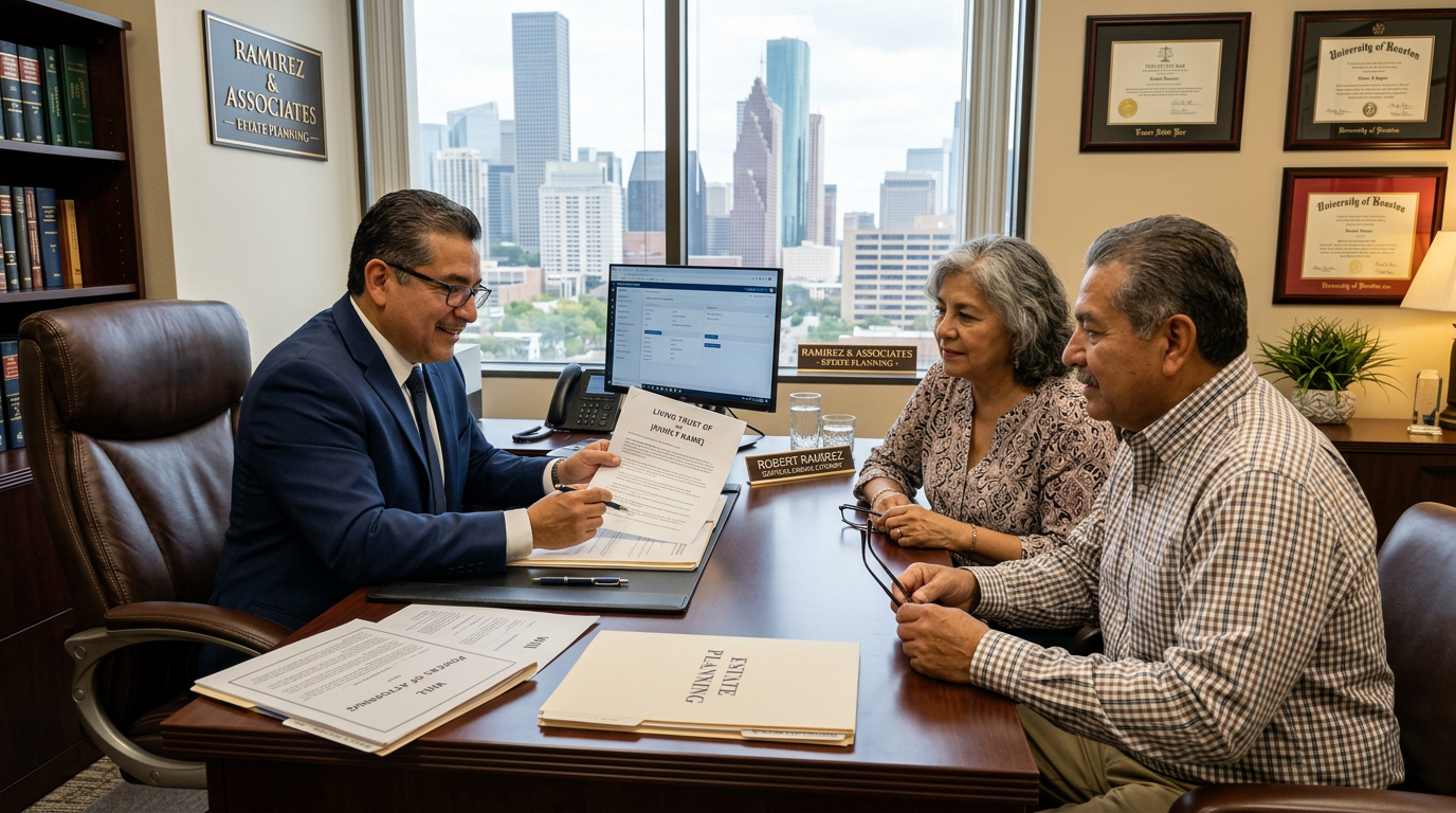 Living Trust vs. Will in Texas: Which One Does Your Family Actually Need? Estate planning attorney explaining trust documents to Hispanic couple in Houston law office — Texas Legal Giants