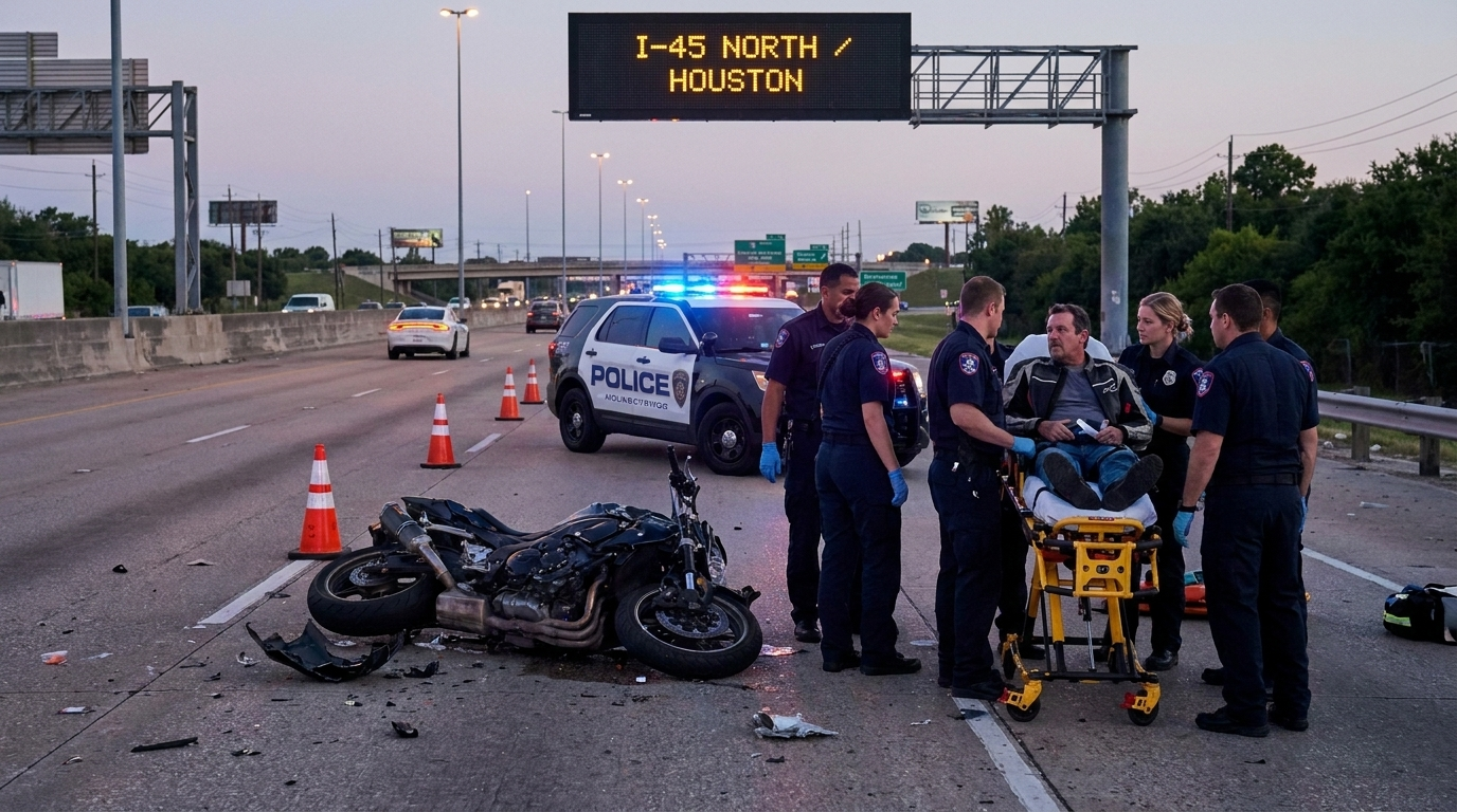Serious motorcycle accident scene on Houston Texas highway