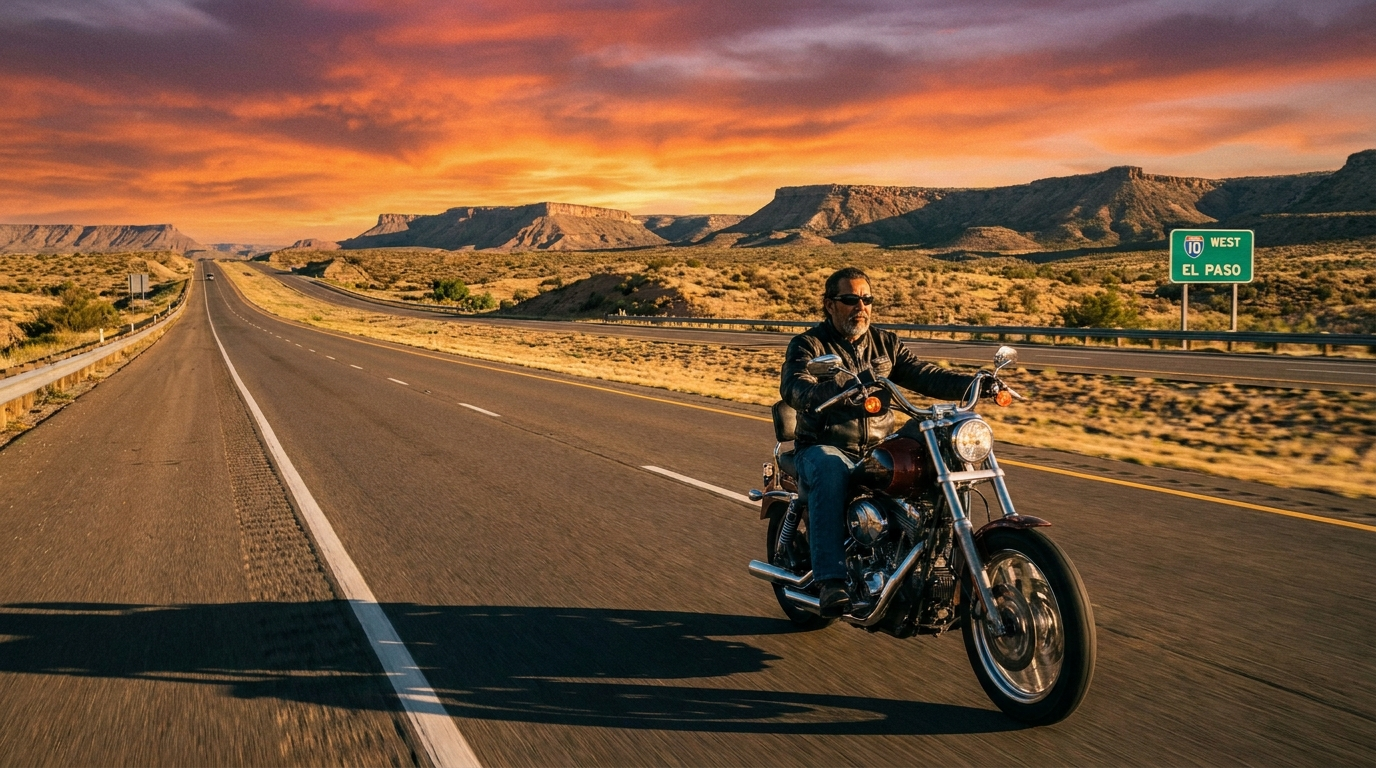 Motorcycle Accident in Texas: Rights, Deadlines, and the Bias That Could Kill Your Claim Motorcycle rider on Texas interstate highway at golden hour