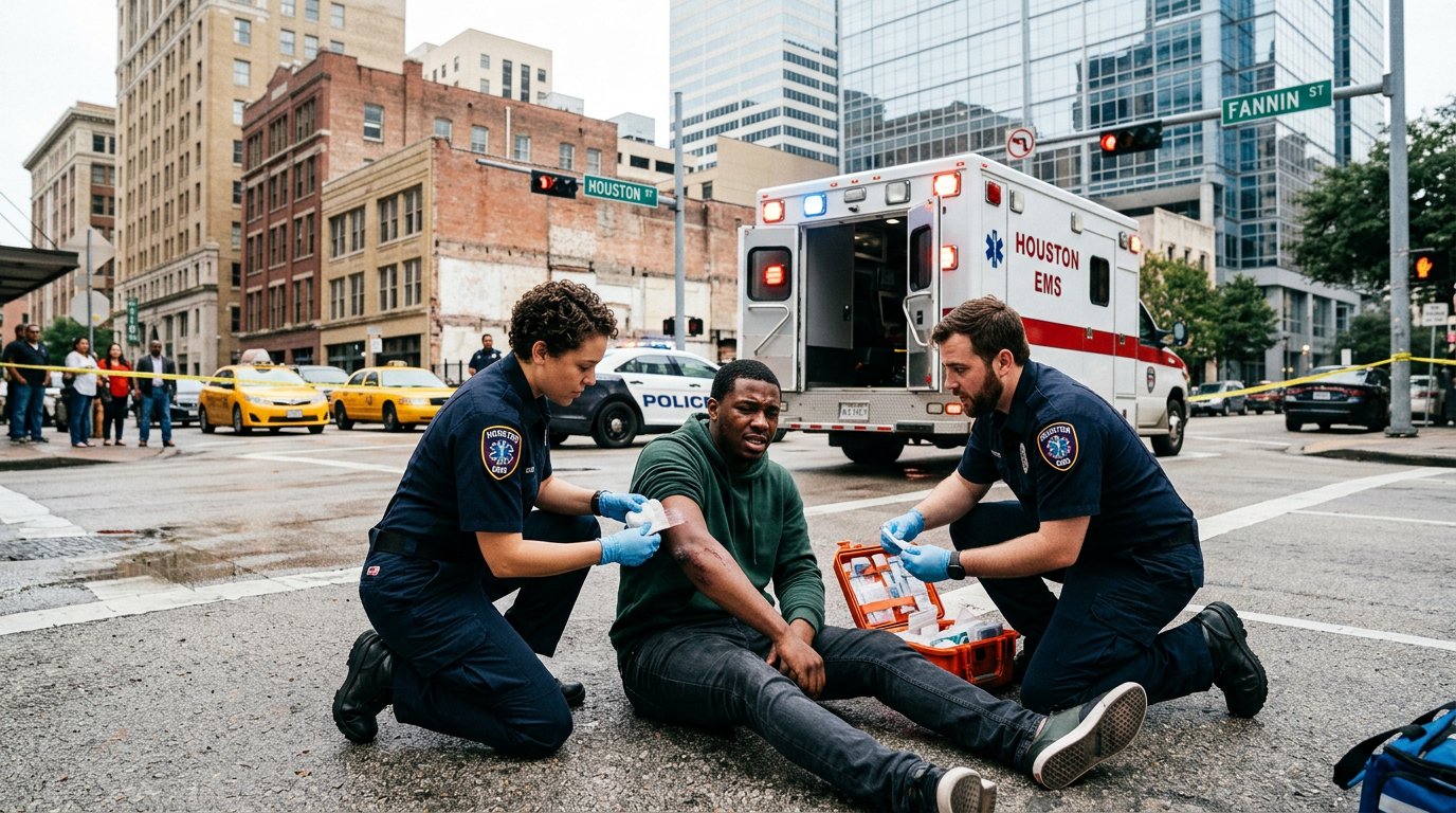 Black man injured pedestrian being helped by paramedics at Houston accident scene — Texas Legal Giants