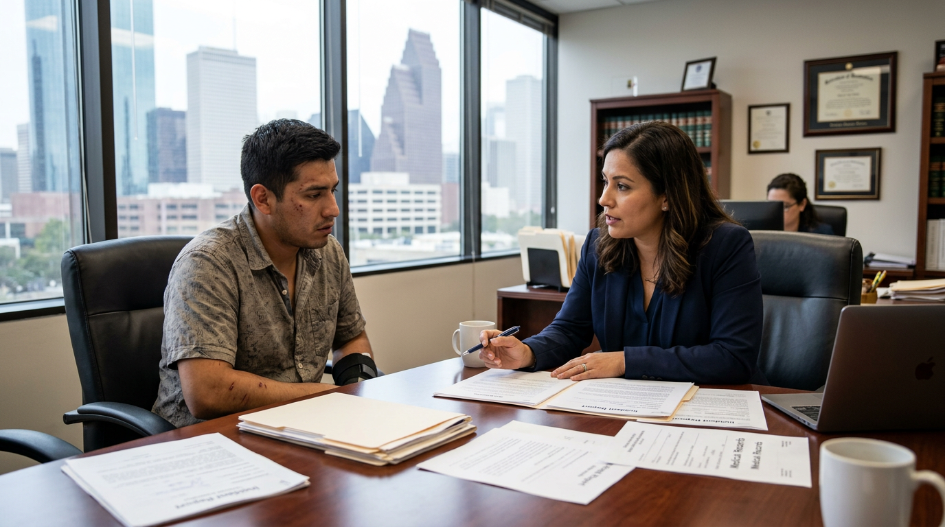 Hispanic pedestrian accident victim meeting with personal injury attorney in Houston — Texas Legal Giants
