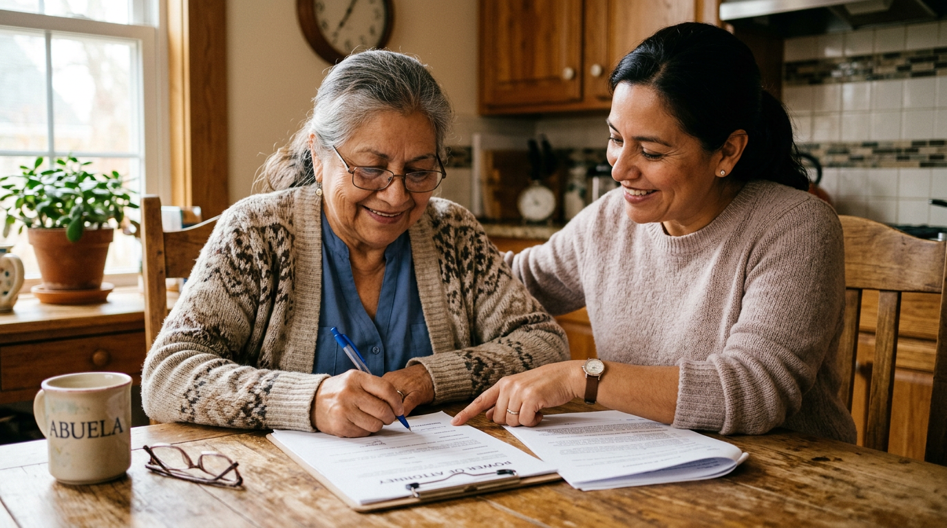 Power of Attorney in Texas: What It Is, Why You Need One, and How to Set It Up Hispanic adult child helping elderly parent sign power of attorney documents at home — Texas Legal Giants