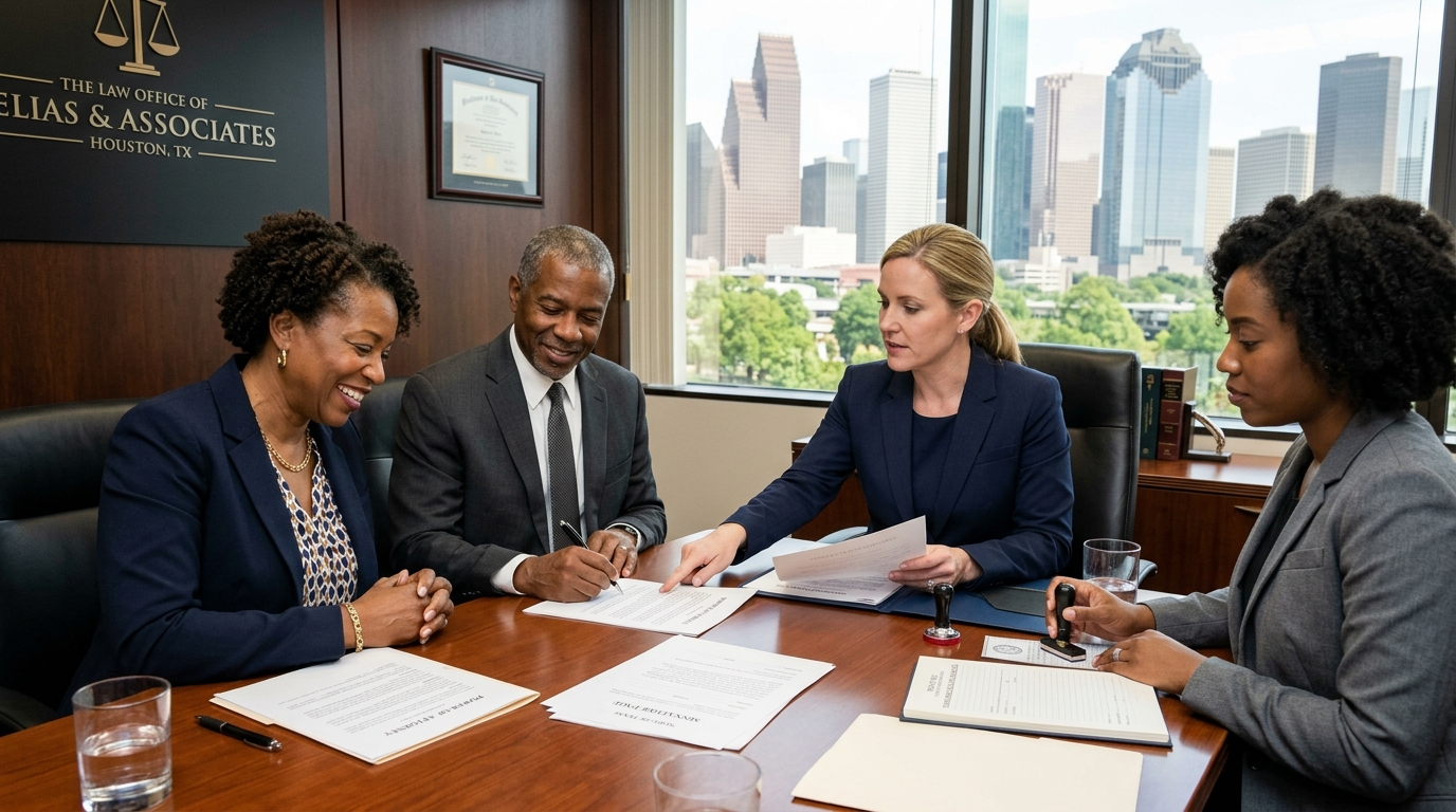 Power of Attorney in Texas: What It Is, Why You Need One, and How to Set It Up Black couple signing power of attorney documents with attorney in Houston law office — Texas Legal Giants