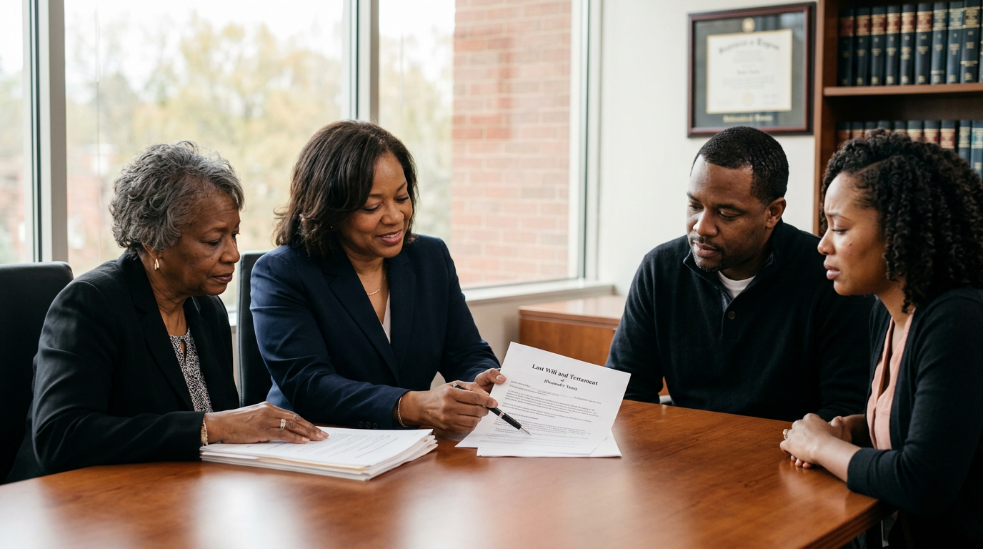 Grieving Black family reviewing estate documents with attorney in Houston law office — Texas Legal Giants
