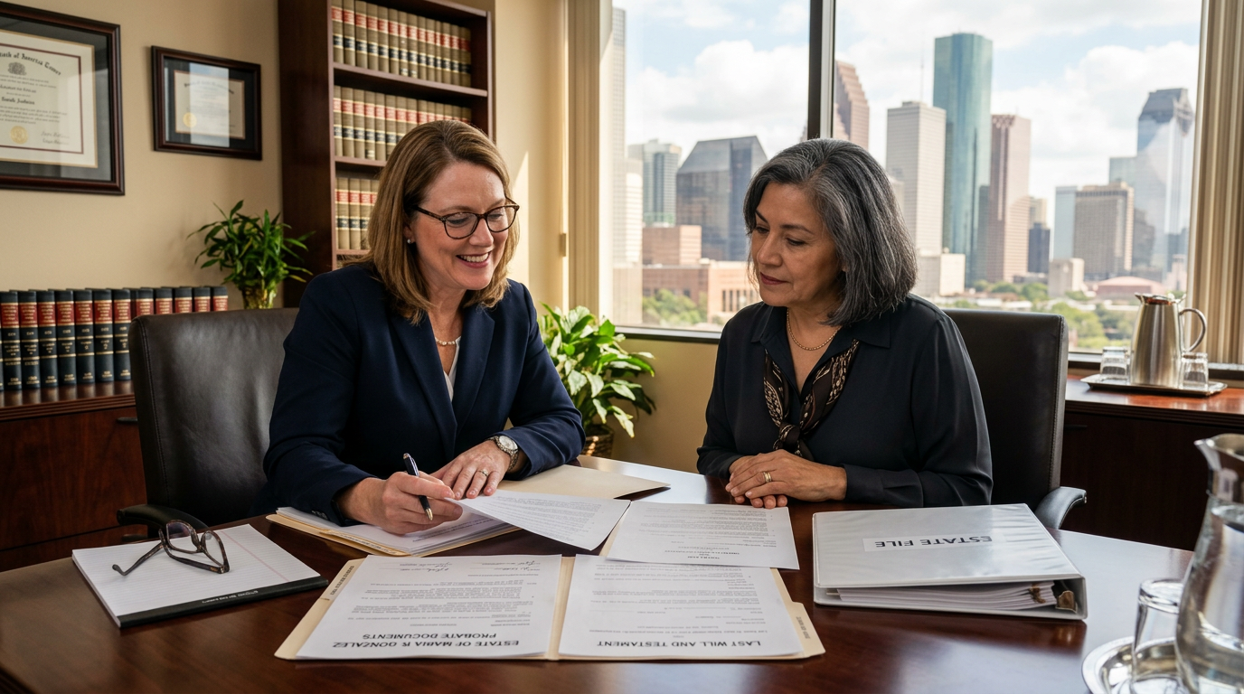 Estate attorney reviewing probate documents with Hispanic widow at Houston law office — Texas Legal Giants