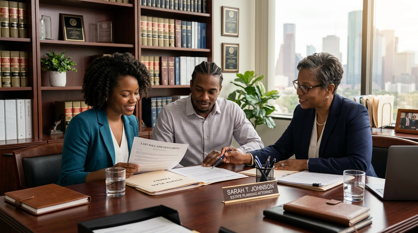 Black family reviewing last will and testament with Houston estate planning attorney