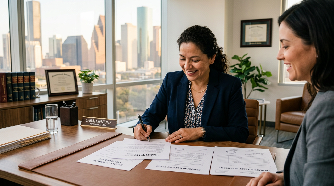 Hispanic woman signing estate planning documents with Houston probate attorney