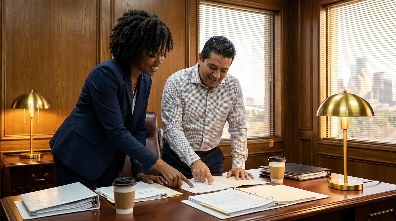 Hurt in an Uber or Lyft in Texas? Here's What Insurance Actually Covers Attorney consulting with rideshare accident client in Houston Texas law office