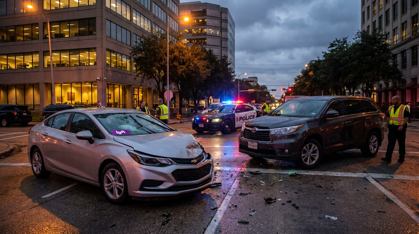 Hurt in an Uber or Lyft in Texas? Here's What Insurance Actually Covers Rideshare vehicle involved in collision on Houston Texas street