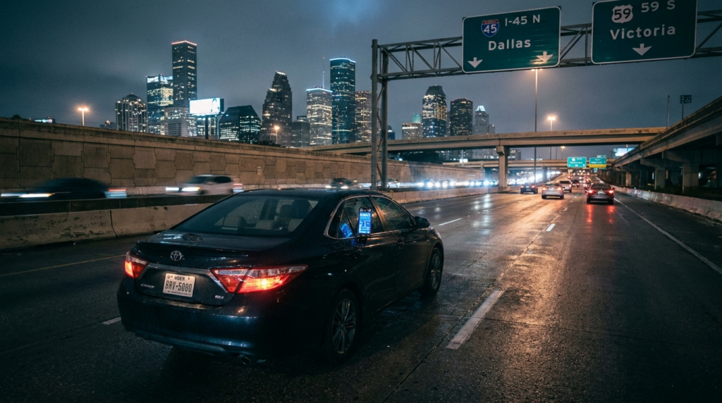 Rideshare Uber vehicle driving on Houston Texas freeway at night
