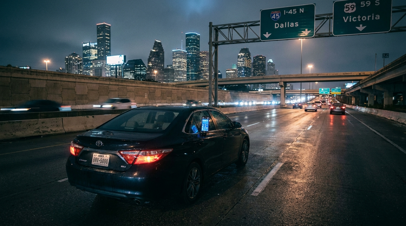 Hurt in an Uber or Lyft in Texas? Here's What Insurance Actually Covers Rideshare Uber vehicle driving on Houston Texas freeway at night