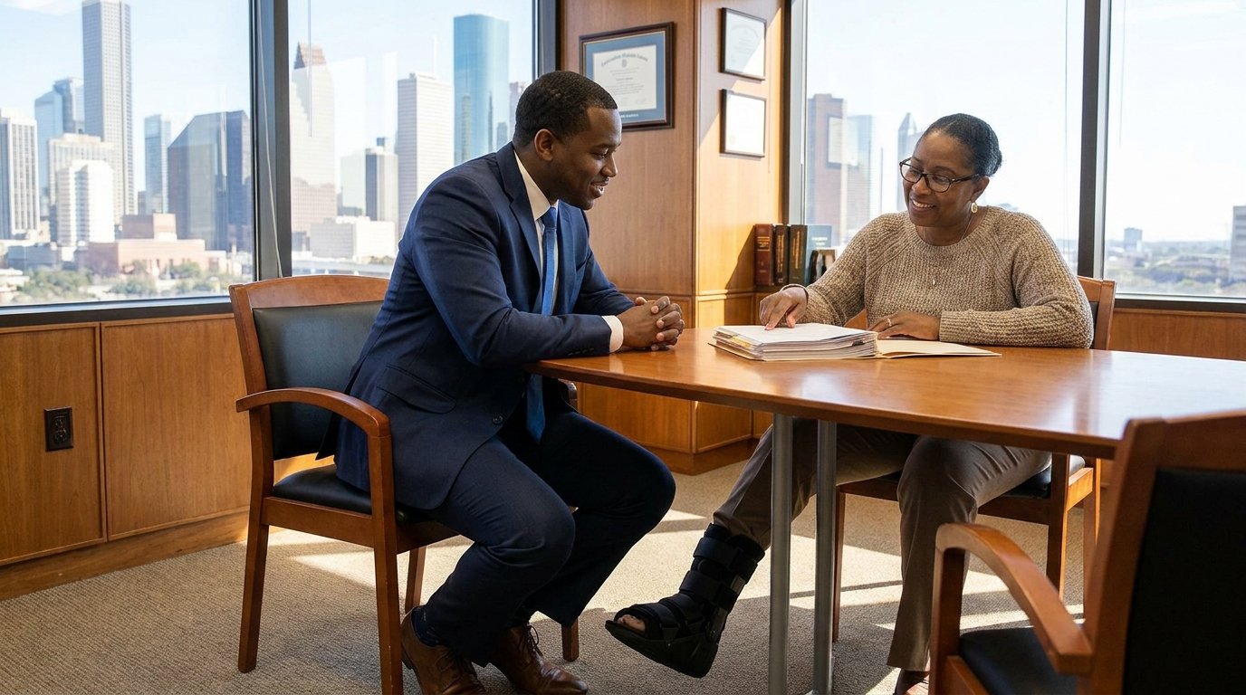 Houston slip and fall attorney consulting with injured client