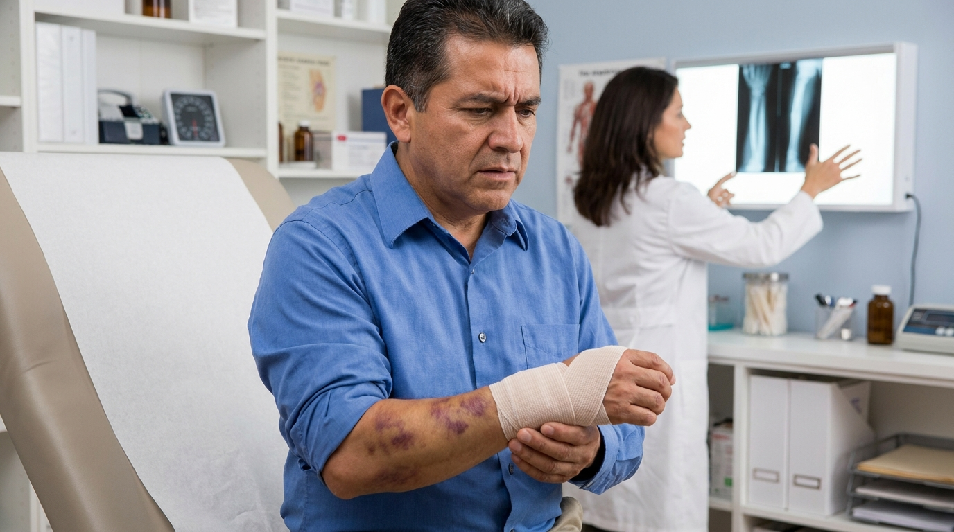 Slip and fall injury victim at doctor's office reviewing X-ray