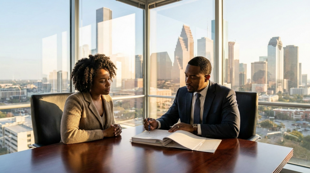 Attorney BJ Kemp reviewing a personal injury case with a client at Texas Legal Giants