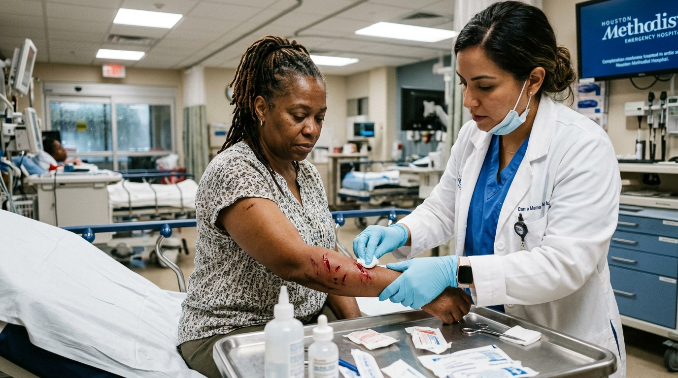 Texas Dog Bite Laws: What Victims Can Recover After an Attack Black woman receiving emergency treatment for dog bite wounds in Houston hospital — Texas Legal Giants